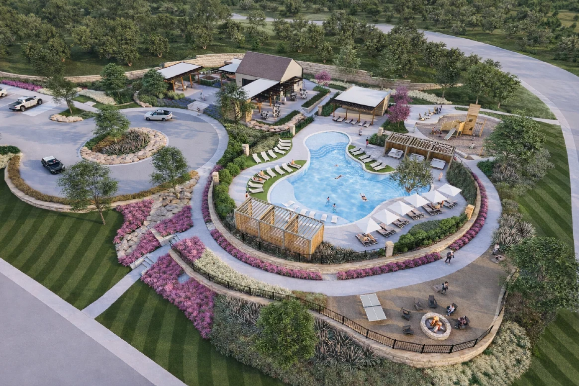 Rendering of Viana's amenity center featuring a resort-style pool. 